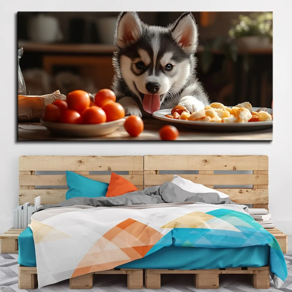 1.5 inch thick pine solid wood frame, dog lying on table, personalized and unique husky puppy, wall art