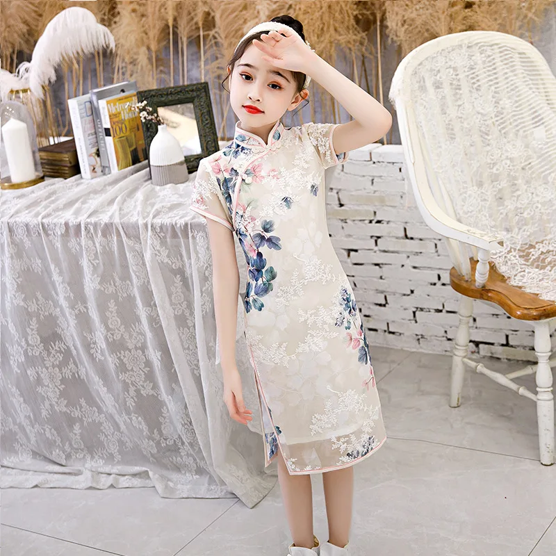 

Винтажное старое Шанхайское кружевное платье с вышивкой Qipao, элегантное детское платье Cheongsam с воротником-стойкой, милое детское китайское платье, Vestidos