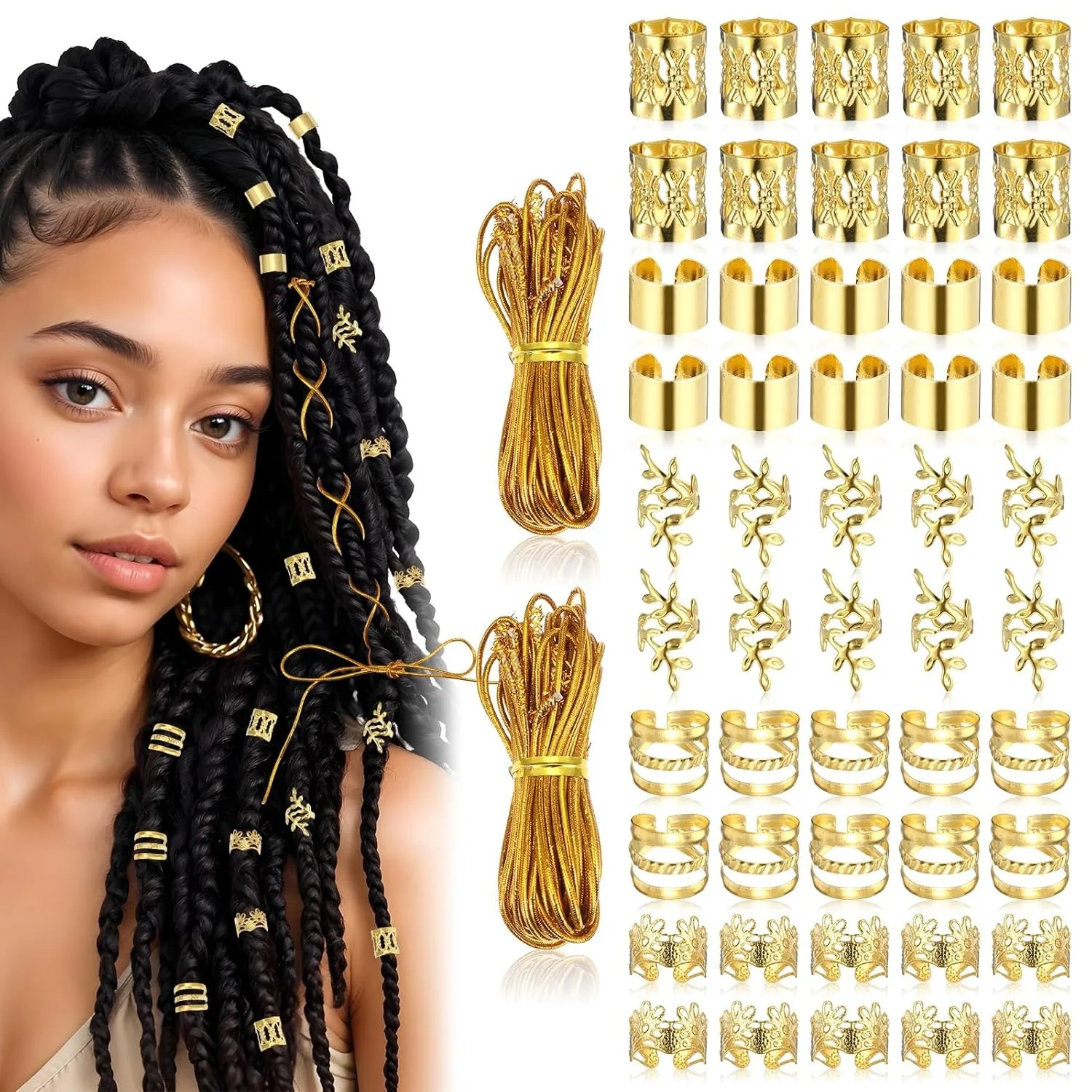 52 pezzi di accessori per capelli scavati in oro, set di anelli per capelli per estensioni di parrucche intrecciate - Combo di anelli treccia fai da te