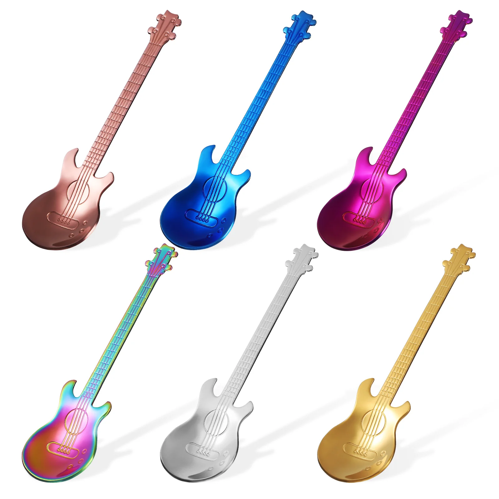 

6 Pcs Guitar Shaped Spoons Stainless Stirring Dessert Decor Unique Design Vibrant Colors Ergonomic