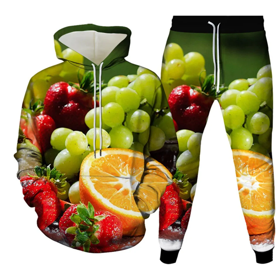 Autumn Fruit Strawberry Grape 3D Printed Hoodie Suit Men Sweatshirts Sweatpants Casual Two Piece Tracksuit Set Men\'s Clothing