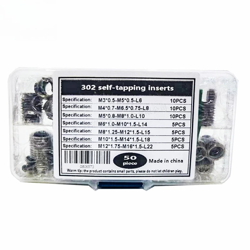 50Pcs 302 Stainless Steel Self Tapping Thread Inserts Assortment Kit, Thread Repair Sleeves M3-M12
