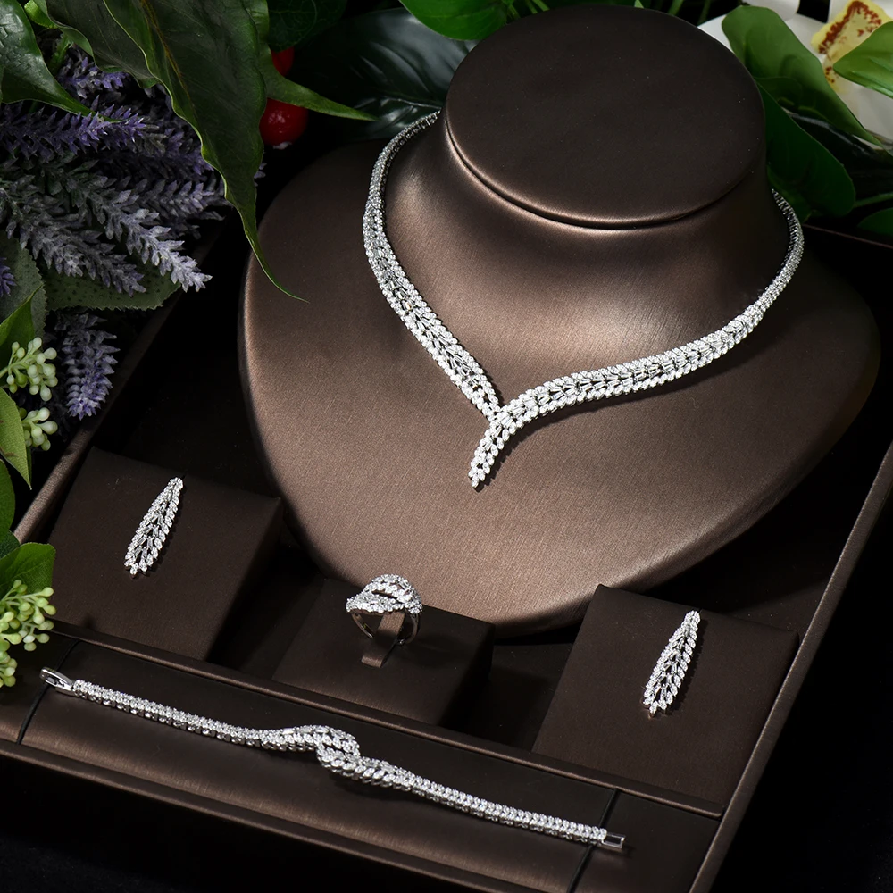 HIBRIDE Classic Baguette Cubic Zirconia Stone Wedding Necklace and Earring Set Dubai Nigerian CZ Bridal Jewelry Set bijoux S-010