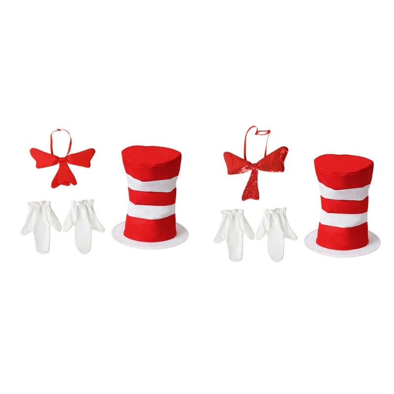 

New 3Pcs for Dr. Seuss Cosplay Costume Novel Red White Striped Hat Gloves Bow Tie