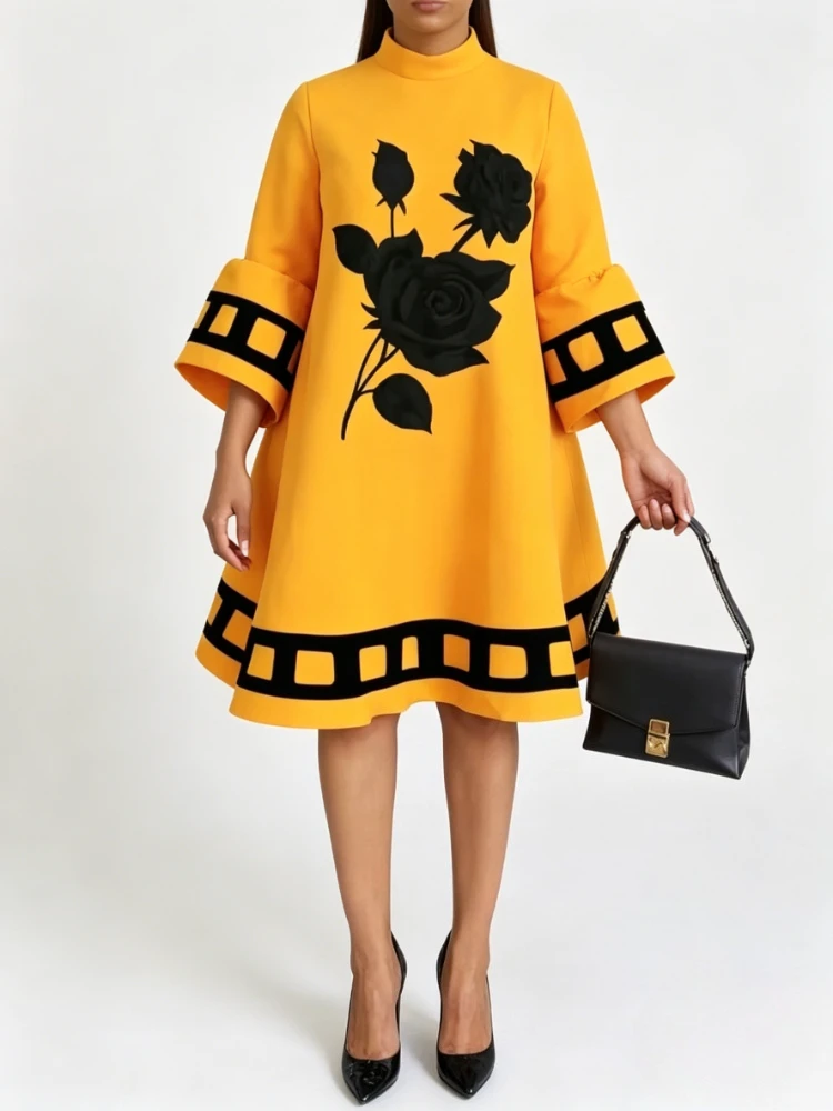 Modigirl Flower Print Loose Yellow Dresses for Women Autumn Winter Clothes Flared Sleeves Woman Midi Casual A-line Dress