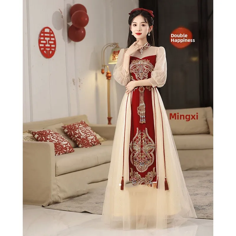 

Red Wedding Dr New Chinese Sle Bridal Gown for Women Engagement Par Faionable Princ Skirt Sle with Bubble Sves