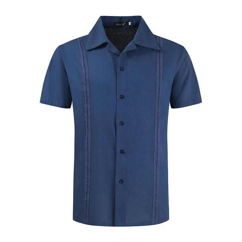 Camisa de Verano de Manga Corta para Hombre, Estilo Cubano Guayabera, Talla Grande, Estilo Safari, Ropa de Playa, Camisa de Lino con Aberturas