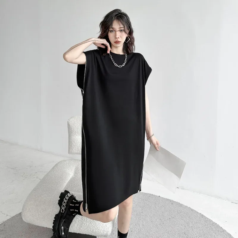 Dark Style Double-sided Zipper Short Sleeved T-shirt Dress for Women's Summer New Loose and Slimming Fashionable Casual Dress