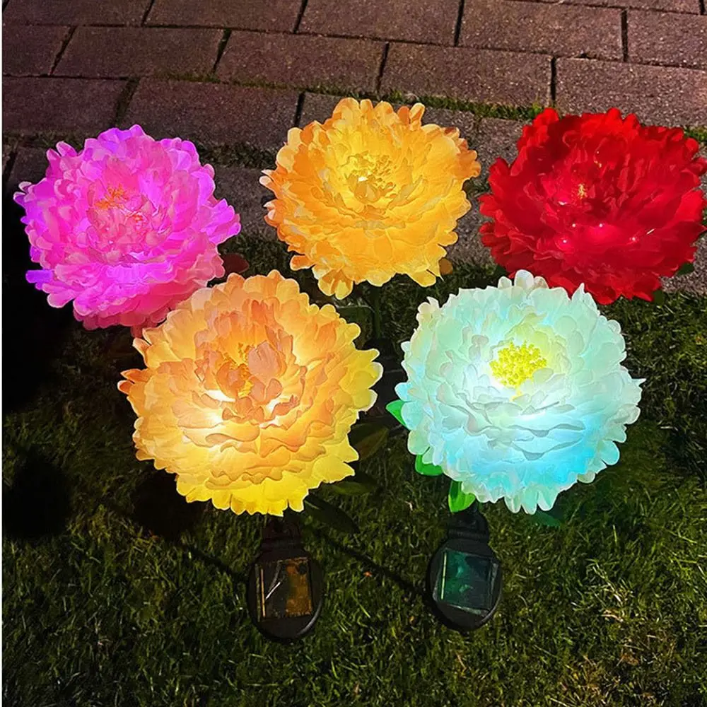 2Pcs Solar Powered Solar Peony Flower Light Waterproof Cordless Landscape Lawn Lamp Ground Mounted Colorful Garden Solar Lights