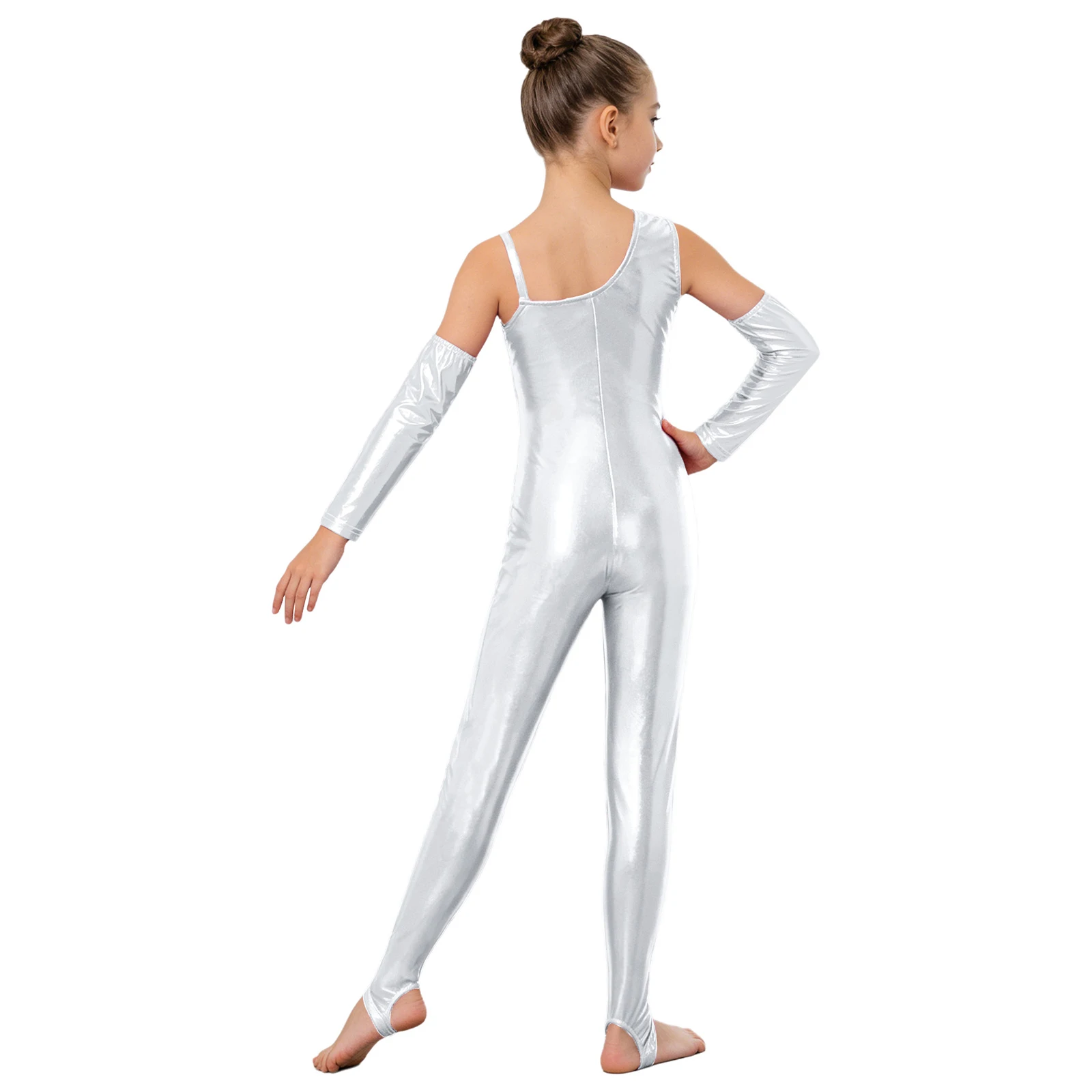 Kids Girls Ballet Dance Gymnastics Leotard Metallic Shiny Zipper Figure Skating Acrobatics Yoga Stirrup Jumpsuit with Sleeves