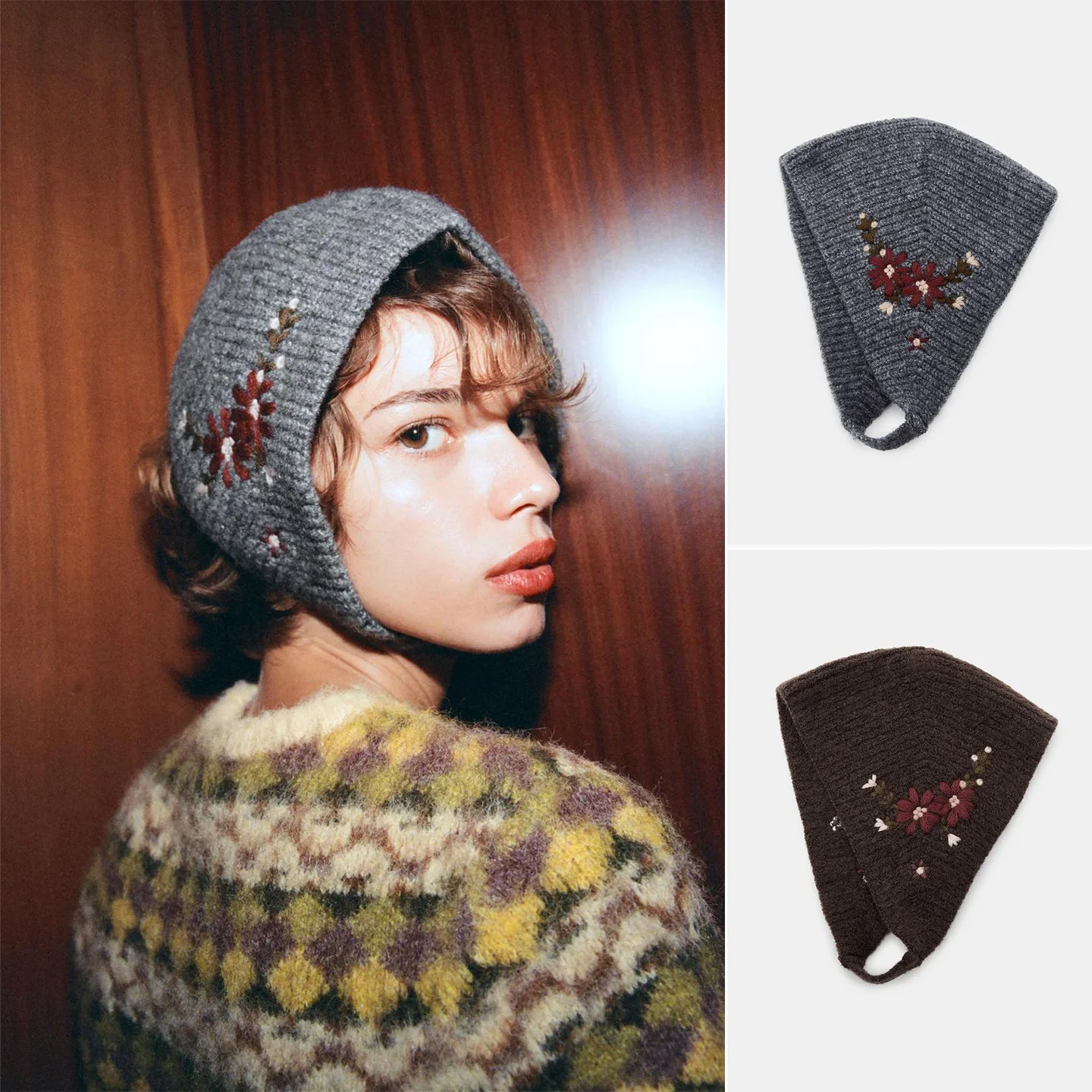 Autumn Winter New Women's Commuter Style Color Block Floral Embroidery Knitted Hat Ear Protection Mixed Wool round Top Cap
