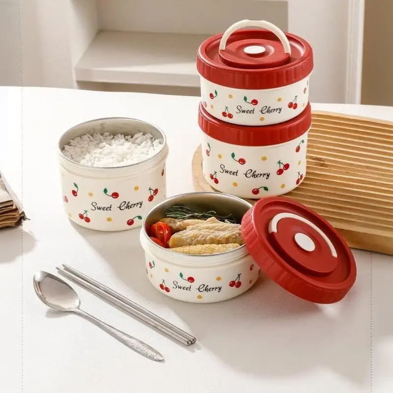 1 PCS Microwave-Safe Stainless Steel Cherry-Print Lunch Box – Suitable For Students And Office Workers