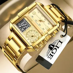 LIGE Luxury Original Men Sports orologio da polso oro quarzo acciaio impermeabile doppio Display orologio orologi per uomo Relogio Masculino