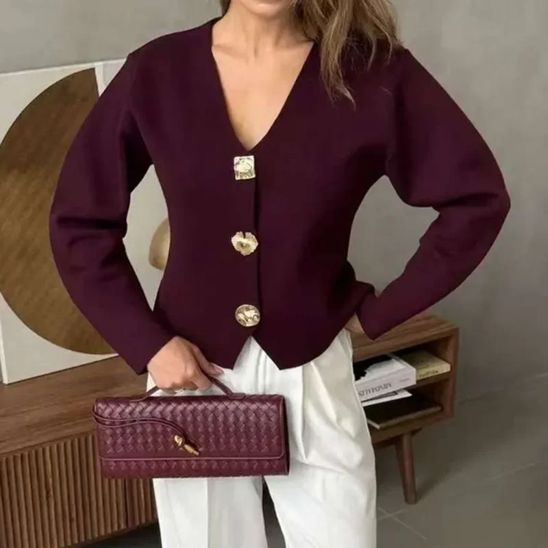 

Spring New Cardigan Women's Fashion Solid Casual V-Neck Slim Sweater Chic Commuter Streetwear Vintage Female Jumpers