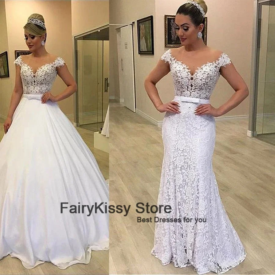 FairyKissy White Lace 2 in 1 Mermaid Wedding Dresses Cap Sleeves Detachable Train 2 Pieces Bridal Gowns Vestido De Novia