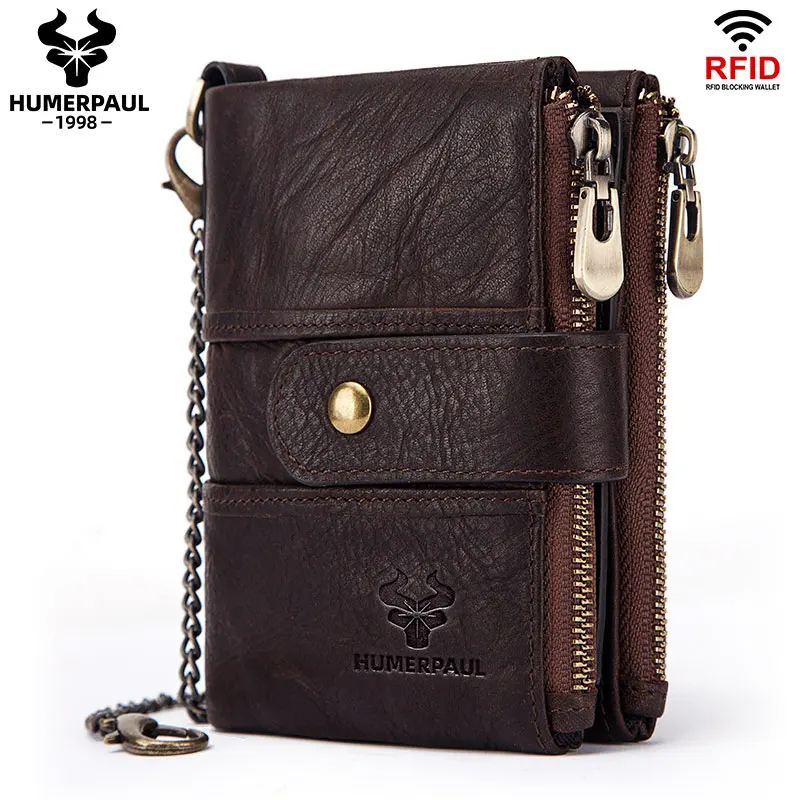 HUMERPAUL Men Genuine Leather Wallet RFID Anti-Theft Credit Card Holder Purse Multifunctional Male Zipper Coin Pocket Money Bag