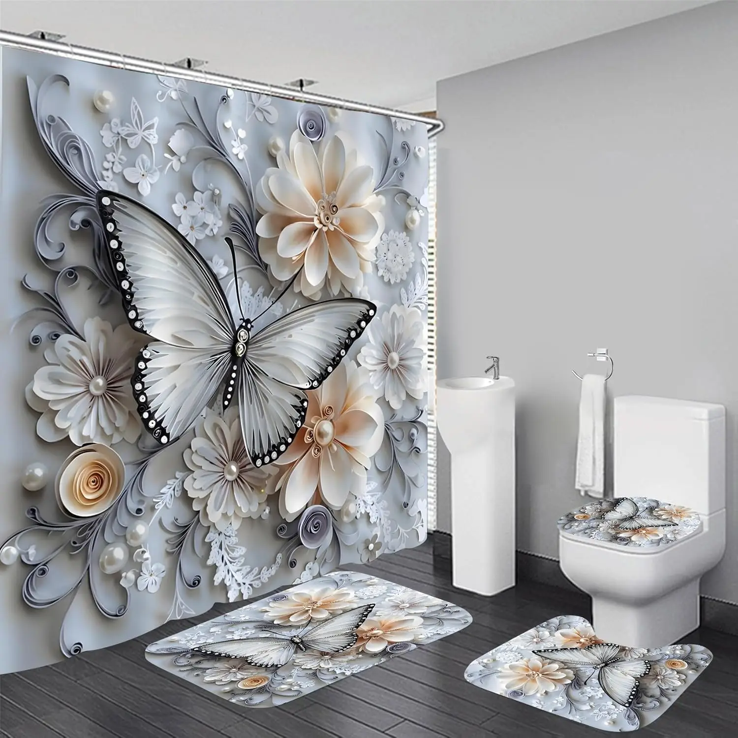 

4Pcs Shower Curtain Sets,Blue White Butterfly Bathroom Curtains Shower Set, Bathroom Decor Sets,Shower Curtain for Bathroom with