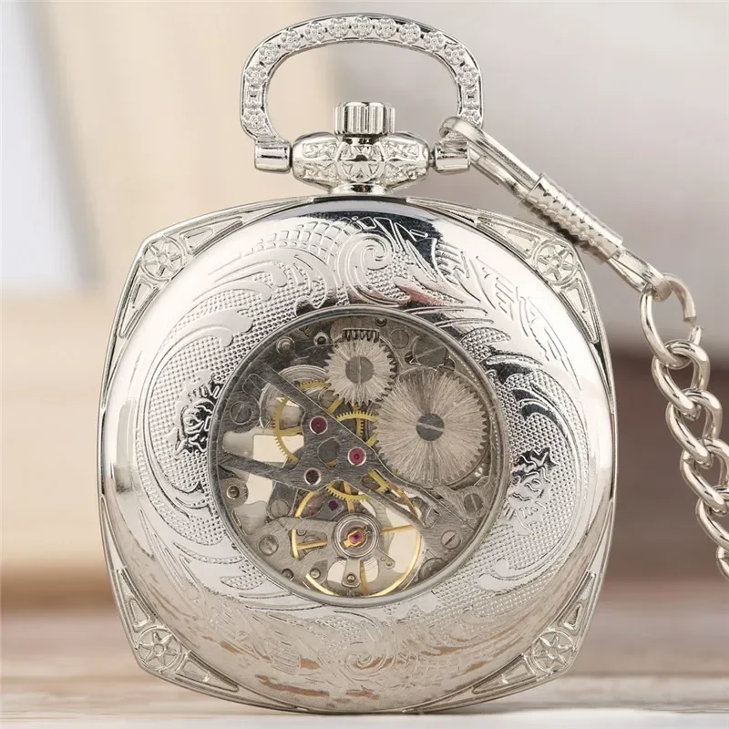 Silver Square Case Men Women Hand-Wind Mechanical Pocket Watch Roman Numeral Luminous Hands Pendant Chain Skeleton Clock