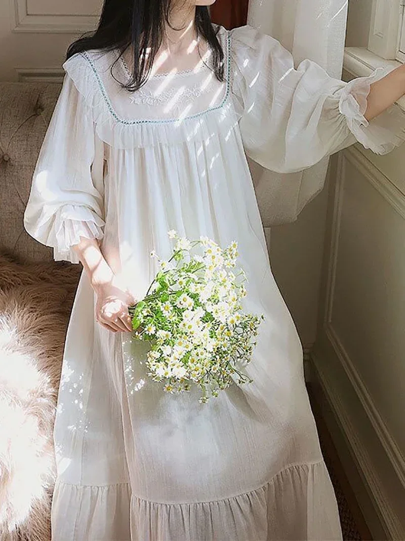 

Women Ruffles Vintage Nightgowns Lolita Princess Sleepwear White Cotton Lace Fairy Night Dress Victorian Nightdress Loungewear