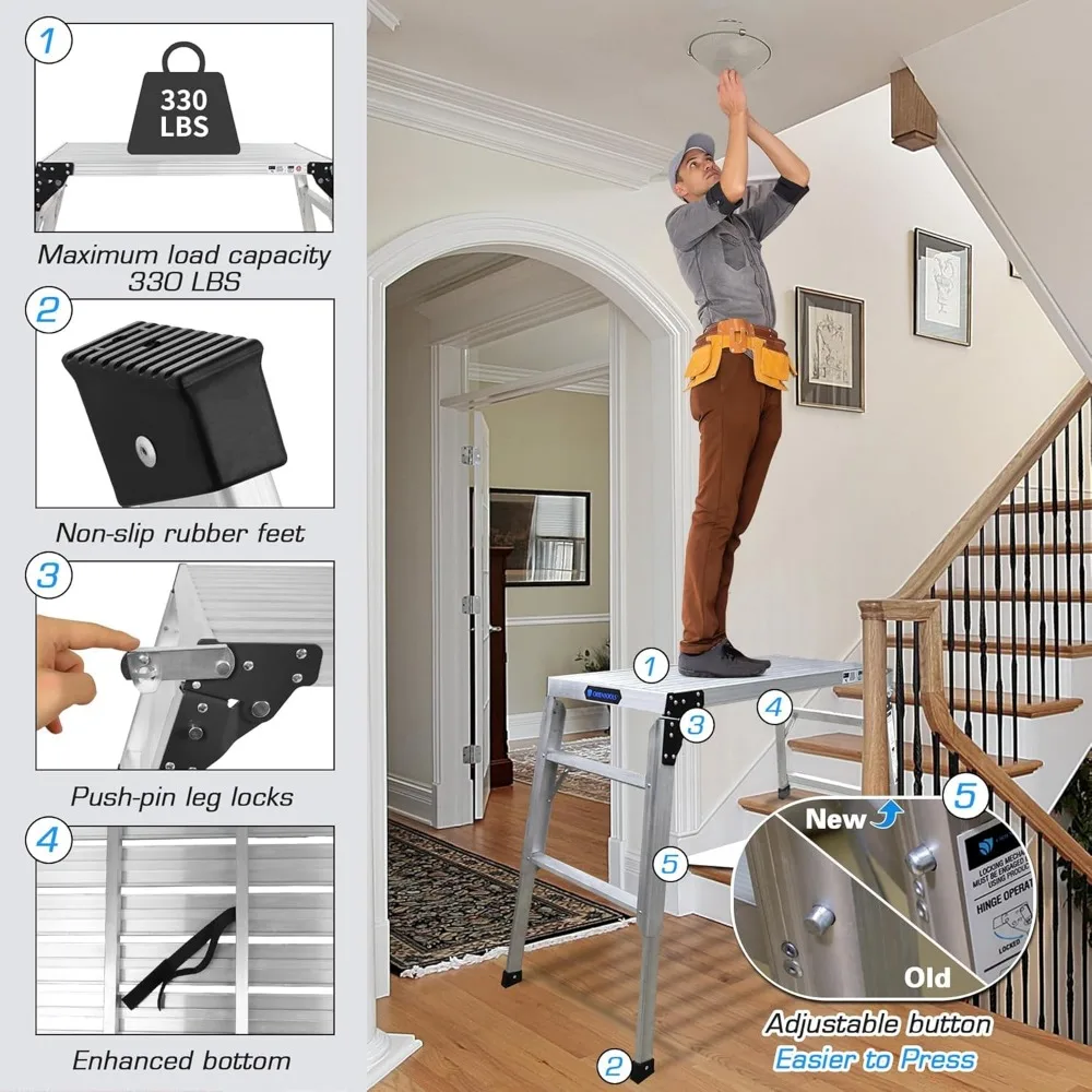 Plataforma de trabajo ajustable, escalera de mano de aluminio plegable portátil de 39,4 "X 18,5", plataforma decafín de capacidad de 330 LBS resistente