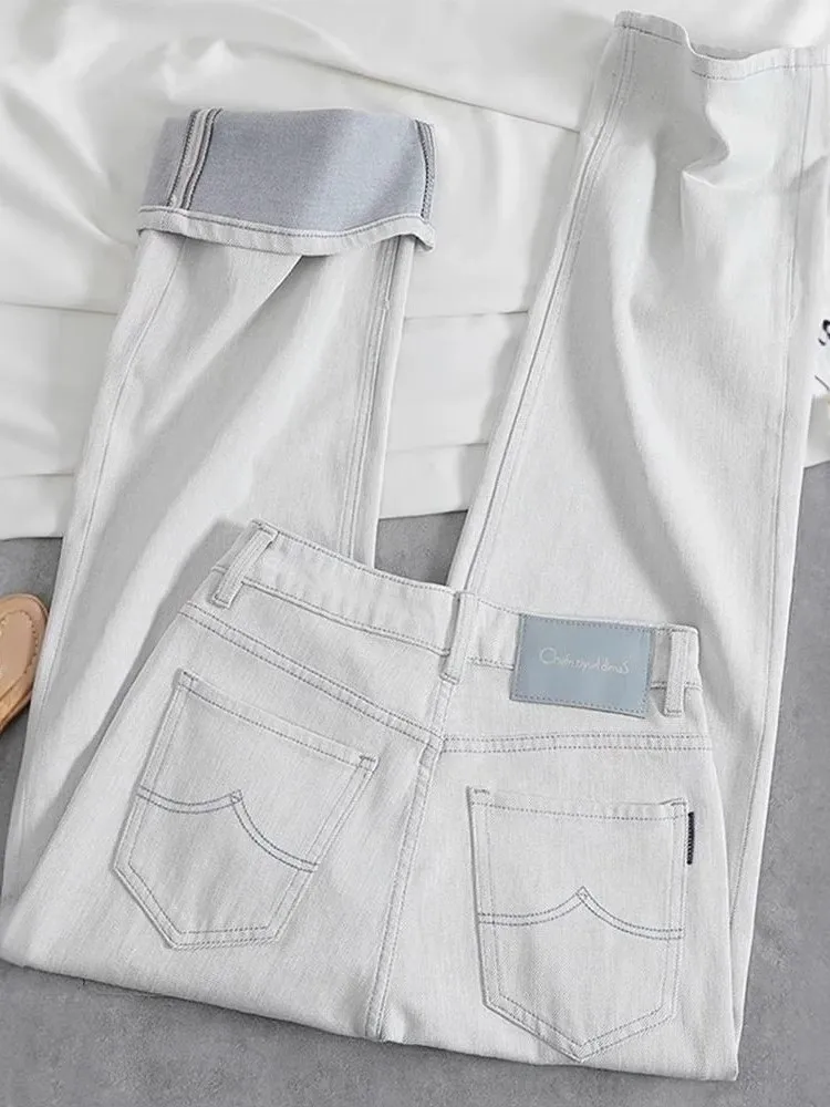 

High Waist Straight Leg ey White Denim Jeans Women's Spring Summer New Loose Floor-Length Pants Wide Leg Slimming Trousers