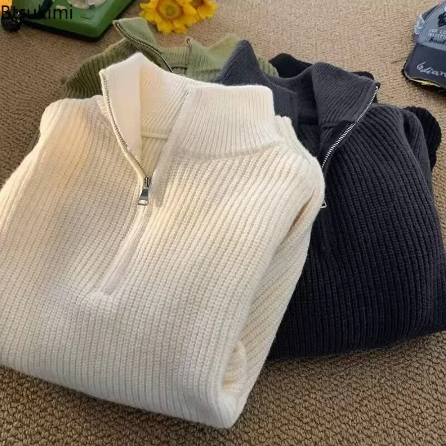 2025 Fashion Half Zipper Turtleneck Sweaters for Men Autumn Winter Warm Knitted Pullover Tops Male Solid Casual Sweater Coats