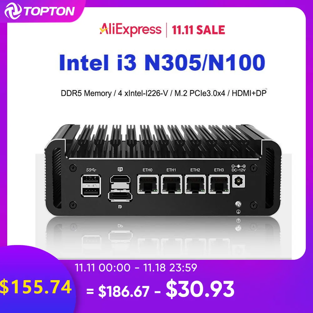 Topton Intel i3 N305 8 Core 4xi226-V 2.5G Firewall Mini PC Alder Lake 12th Gen N200 N100 DDR5 4800MHz Fanless Soft Router Proxmo