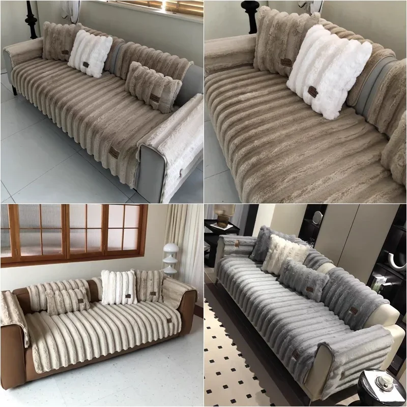 1PC Thicken Rabbit Plush Sofa Seat Cover Winter Warm Sofa Slipcover Solid Color Stripe Couch Towel Sofa Blanket Home Decor 소파 쿠션