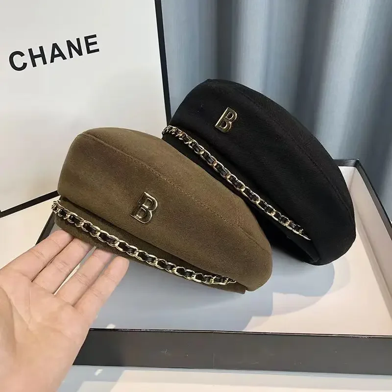Chain Beret Hat For Women Cap Winter Retro Brown Black Artist Flat Fashion Lady Girls Vintage Cap Star Style