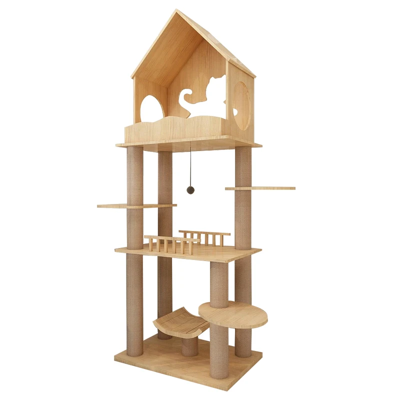 

Custom modern wooden scratcher large cat tree tower durable climbing cat toys for indoor cats