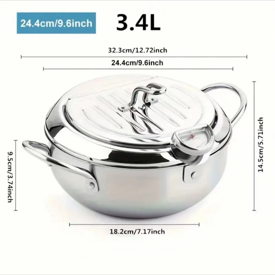 Stainless Steel Frying Pan with Lid, Temperature Control & Oil Drip Rack, Multi-Use Skillet for Frying Chips, Chicken, Compatible with Gas & Induction Cooktops