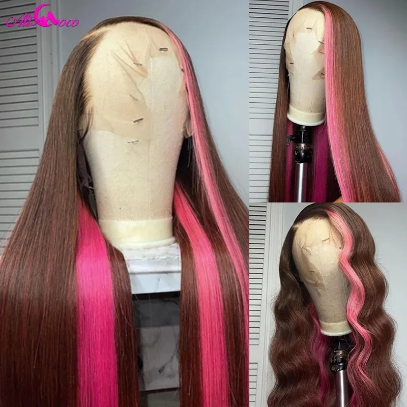 Ali Coco-Peluca de cabello humano liso para mujer, postizo de encaje Frontal 13x4, color marrón y rosa, pelo Remy