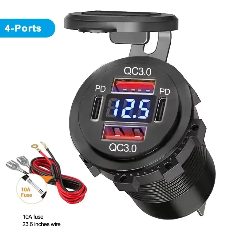 Carregador USB Duplo PD QC3.0 96W para Carro e Moto com Voltímetro, Tomada de Energia à Prova d'Água para Carros, Barcos, Caminhões e Motos 12V/24V