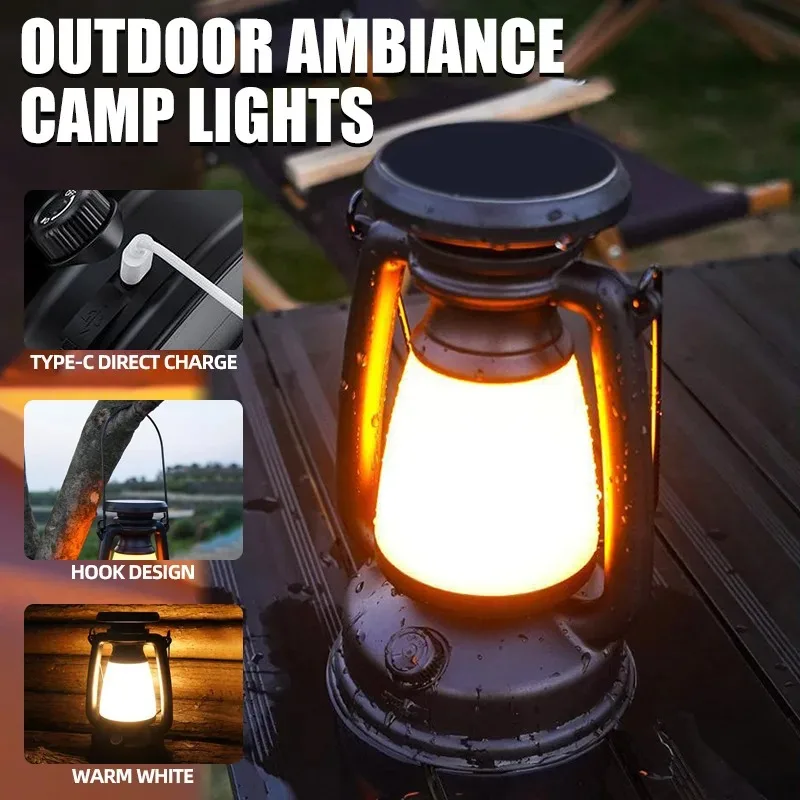 Retro Solar Camping Light USB Rechargeable LED Portable Lantern Waterproof Outdoor Hanging Emergency Tent Atmosphere Horse Lamp