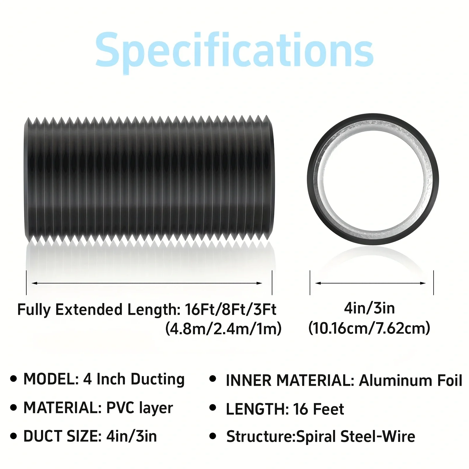 3 Inch x 16 Ft Aluminum Foil Insulated Flexible Duct, Dryer Vent Hose for HVAC Ventilation & Duct Fan Systems, Includes 2 Clamps