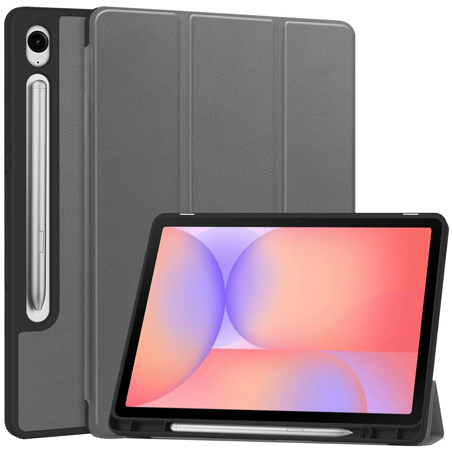For Samsung Galaxy Tab S10 Lite Stand Case Shock-Absorbent Leather Tablet Cover with Pen Slot - Grey