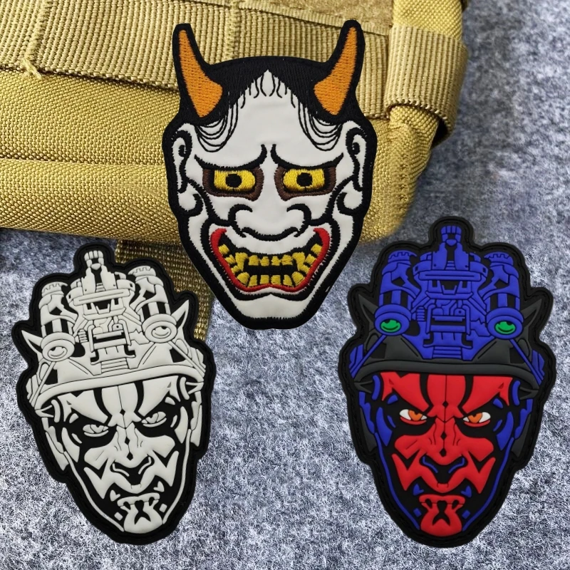 Japanese Prajna Mask Tactical Backpack Embroidered Patch Kabuki Demon ONI Can Play The Devil Morale Badge Hook and Loop Stickers