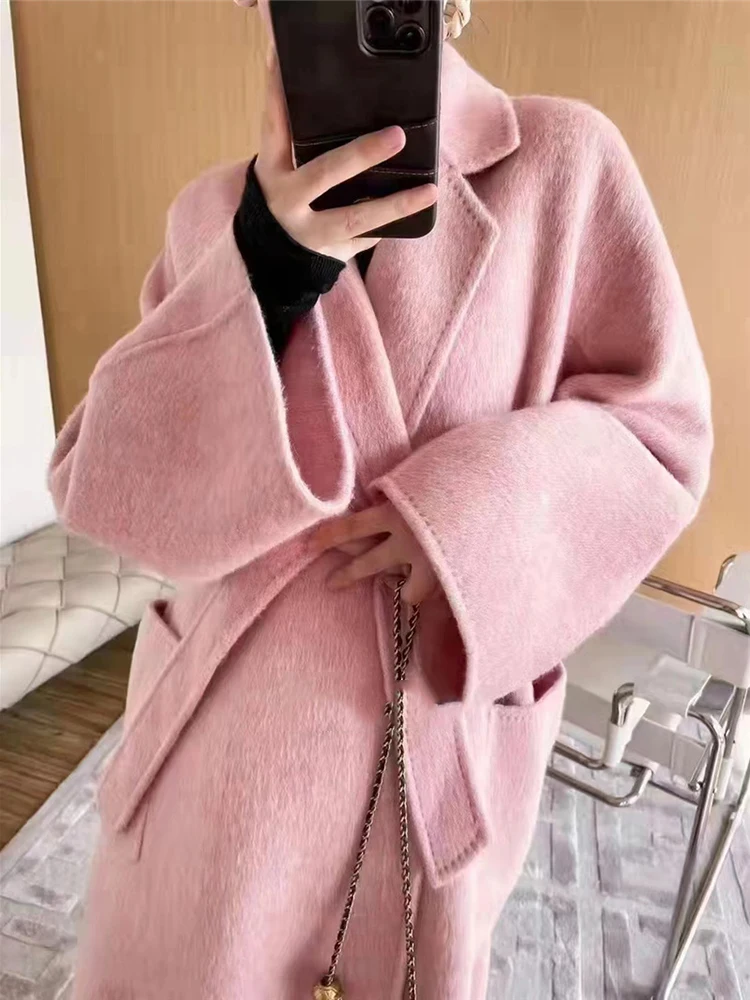 LANMREM Fashion Winter Wool Long Coat Women Notched Collar Belt Gathered Waist Solid Color Loose Jackets 2023 New 2AA3385