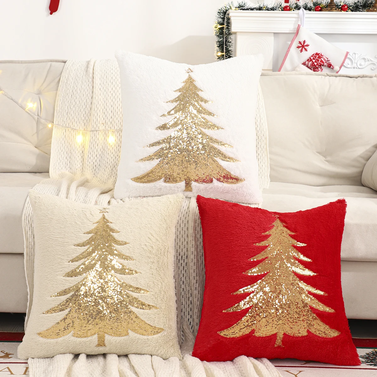 1 PC Gold Sequin Christmas Tree Throw Pillow Cover Winter Plush Embroidery Christmas Decoration Living Room