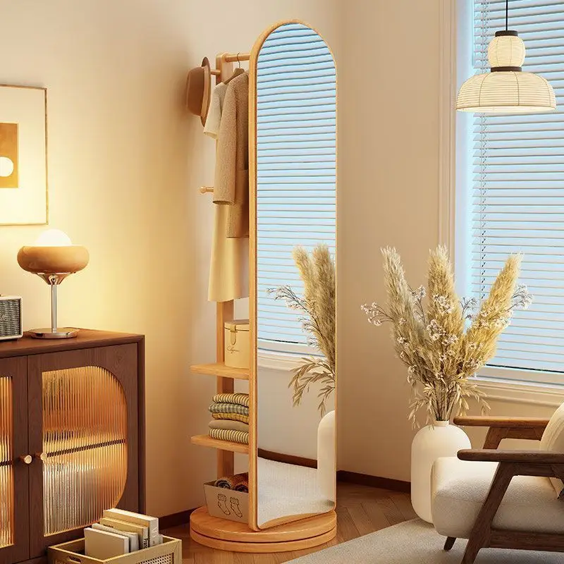 

Solid wood hanger, bedroom floor-to-ceiling household coat rack, full-length mirror, living room enlarged storage rack, rotatabl