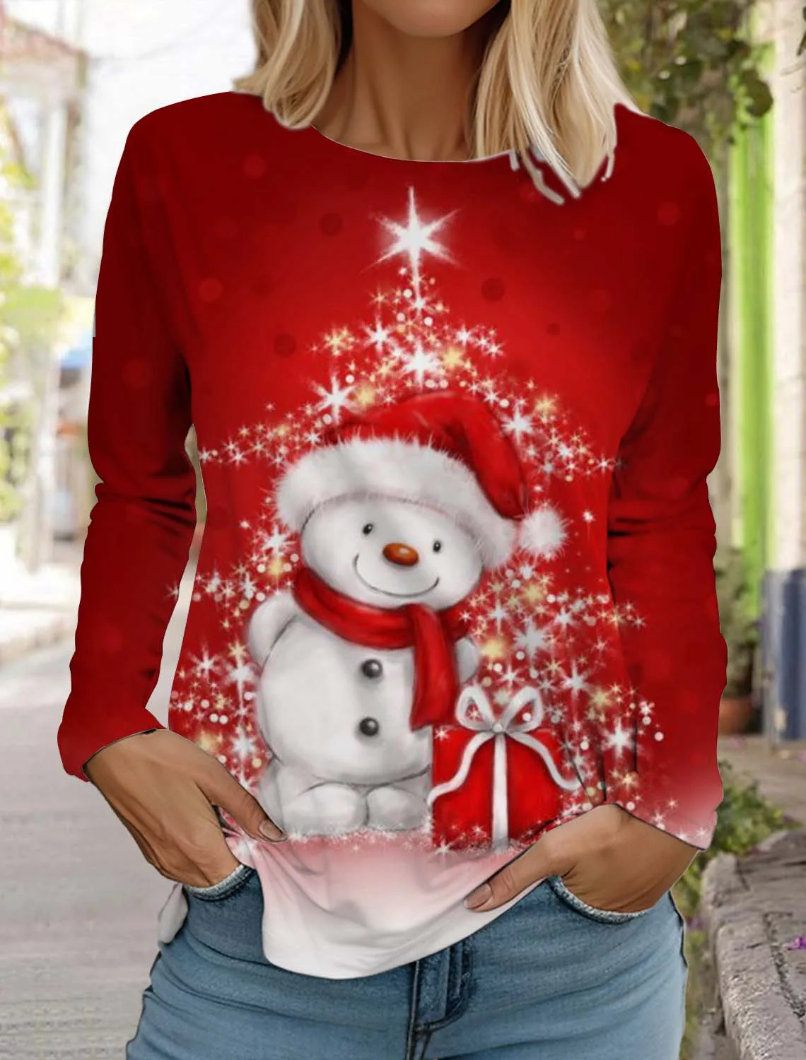 Świąteczna damska koszulka z długim rękawem Snowman 3D Pattern Jesień Nowa moda Santa Claus Damski top Harajuku Pullover Odzież