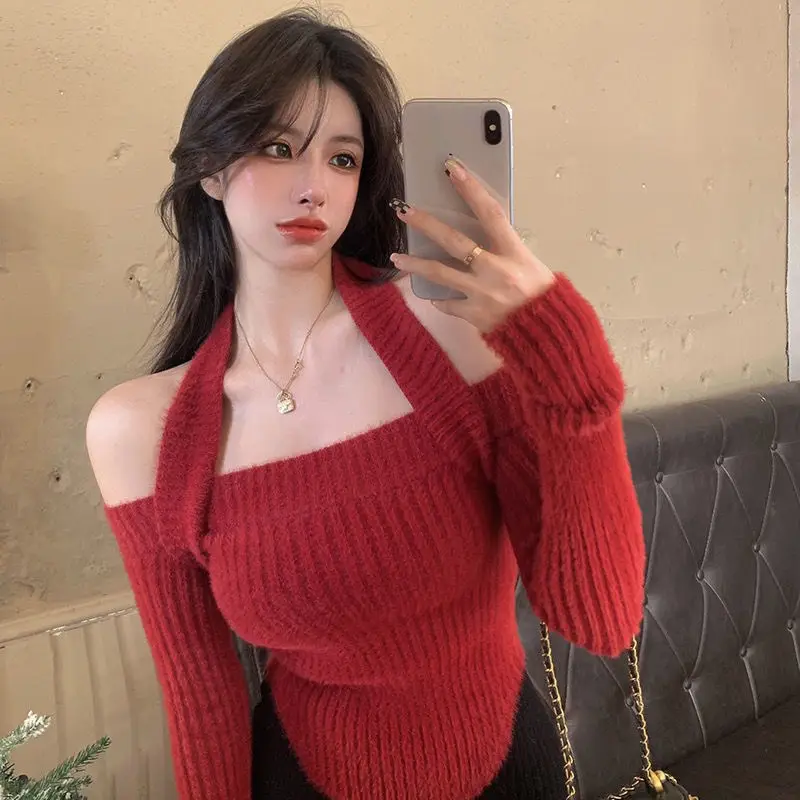 Off Shoulder Pullovers Women Design Halter Sexy Cropped Sweaters High Street Stylish All-match Solid Red Slim Knitting Jumpers