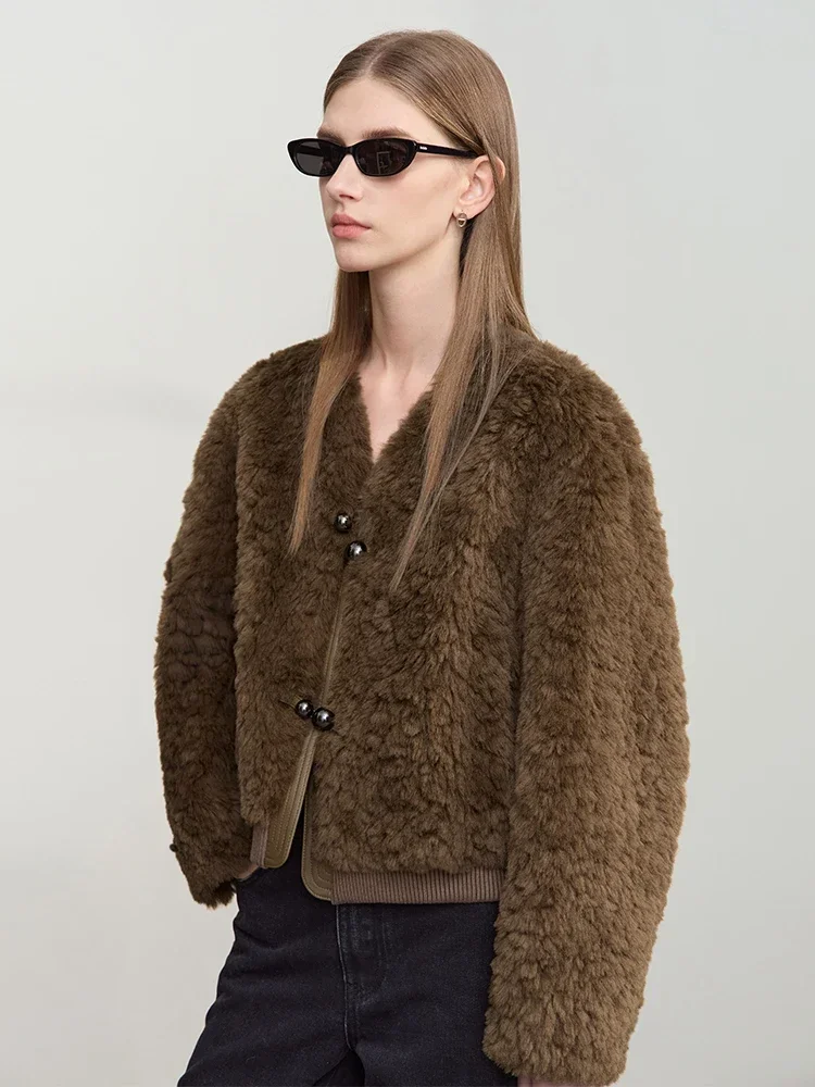 Amii Women's Fleece Fur Coat Commuter V-neck Metal Hook Buckle 2026 Winter Granular Plush Warm Jacket Woman Loose Coats 12424013