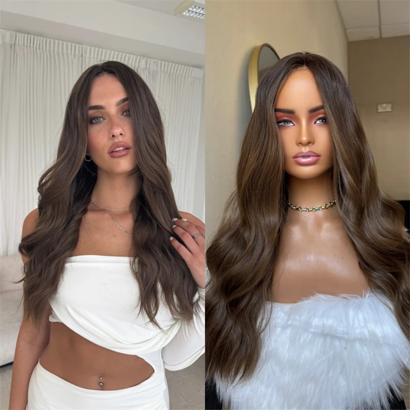

Ombre Chocolate Brown HD Lace Front Wig Heat Resistant Fibre 30 Inch Body Wave Wig Cosplay Party Wig Natural Preplucked Hairline