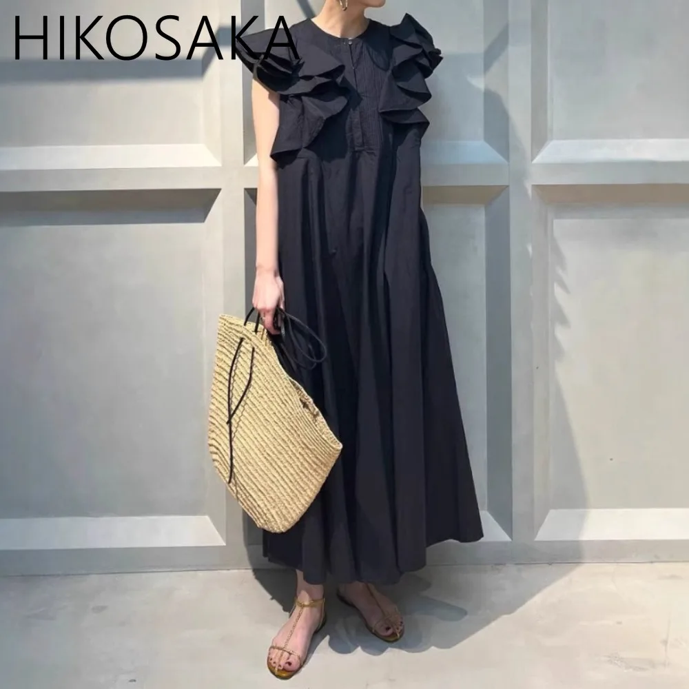 

Vintage Fashion Ruffles Flying Sleeve Dress Loose Casual A-line O-neck Solid Robe Japan Style Simple Elegant Vestidos Femininos