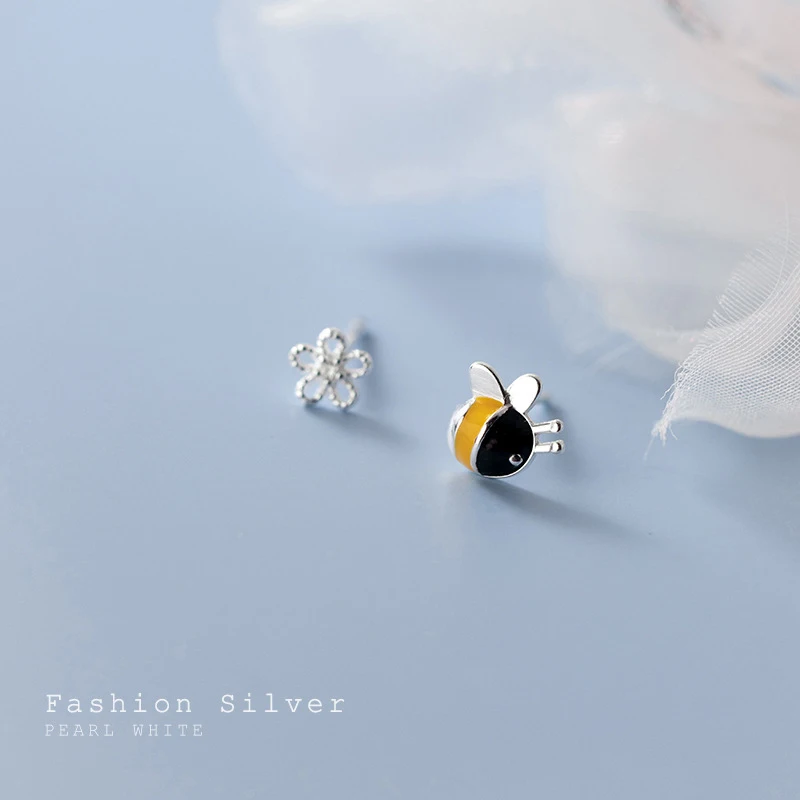 Modian Genuine 925 Sterling Silver Insect Bee Enamel Flower Stud Earrings for Women Small Cute Fashion Jewelry Gifts Pendientes