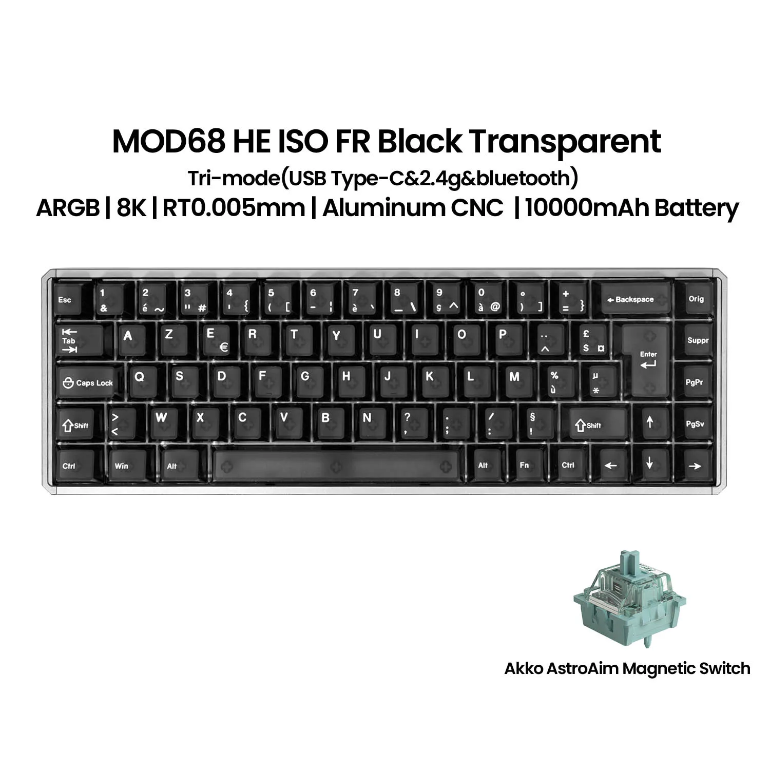 Akko MOD68 Draadloos Magnetisch Schakelaar Toetsenbord 65% 69 Toetsen ISO UK/DE/FR RT 0.005mm 8K ARGB HE Aangepast Gaming Mechanisch Toetsenbord