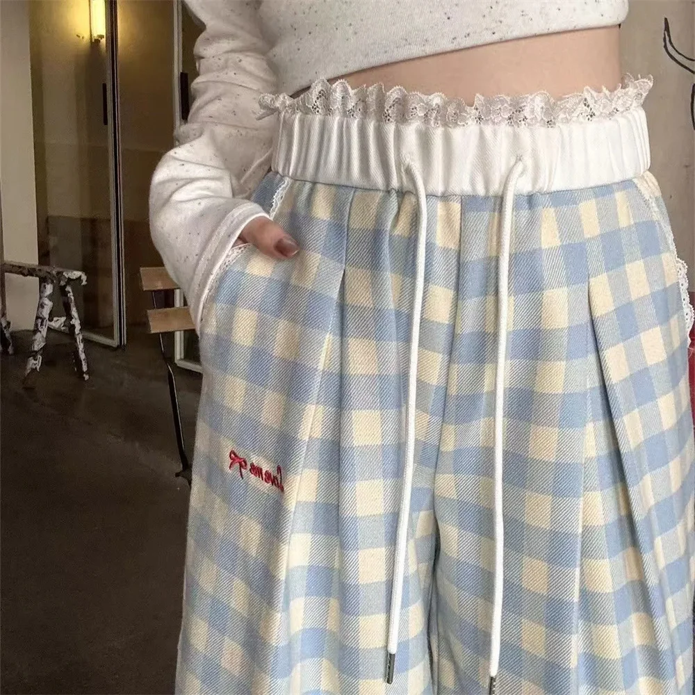 Summer Plaid Casual Pants Oversize Women Sweatpants Fashion Baggy Elastic Waist Pockets Student Unisex Hip Hop Loose Trousers
