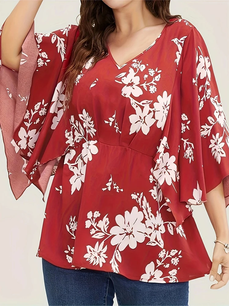 Women Spring Autumn New Shirts Flower Printing V-Neck Batwing Half Sleeve Loose Casual Plus Size Women\'s Clothing Wear Elegant