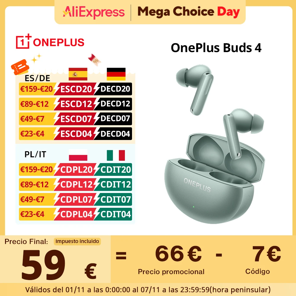 Versión Global OnePlus Buds 4 Auriculares True Wireless Hasta 55dB Cancelación de Ruido ANC Dual Drivers con Dual DACs Bluetooth 5.4 Auriculares 